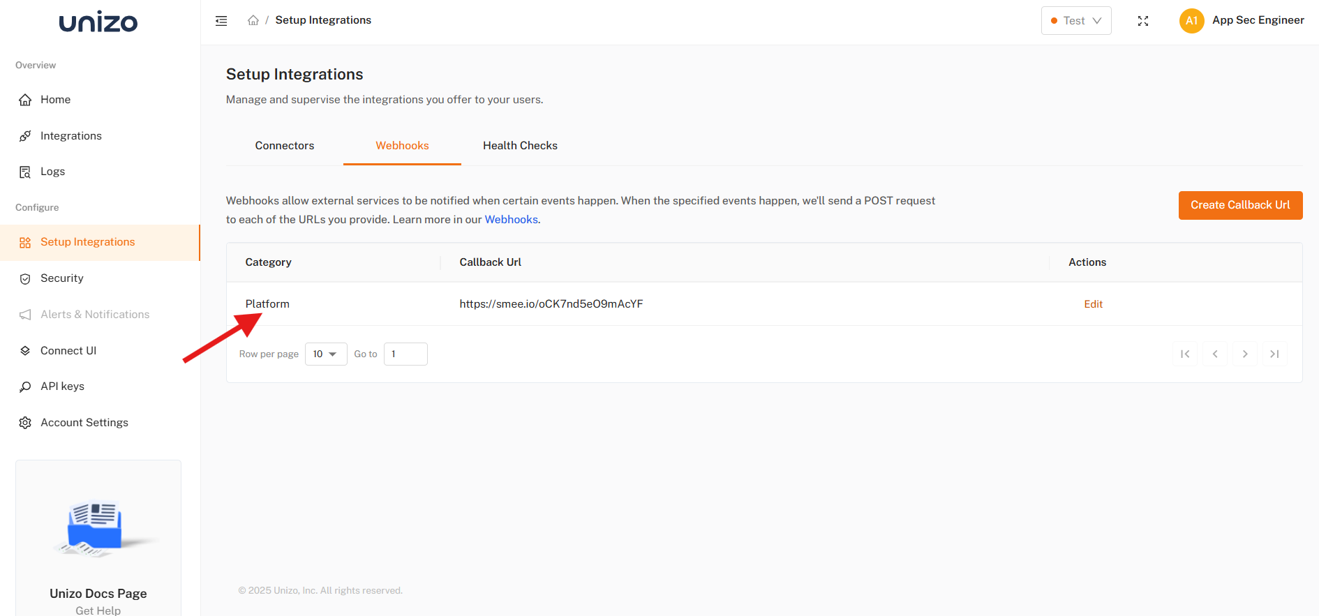 Unizo Setup Integrations page showing webhooks