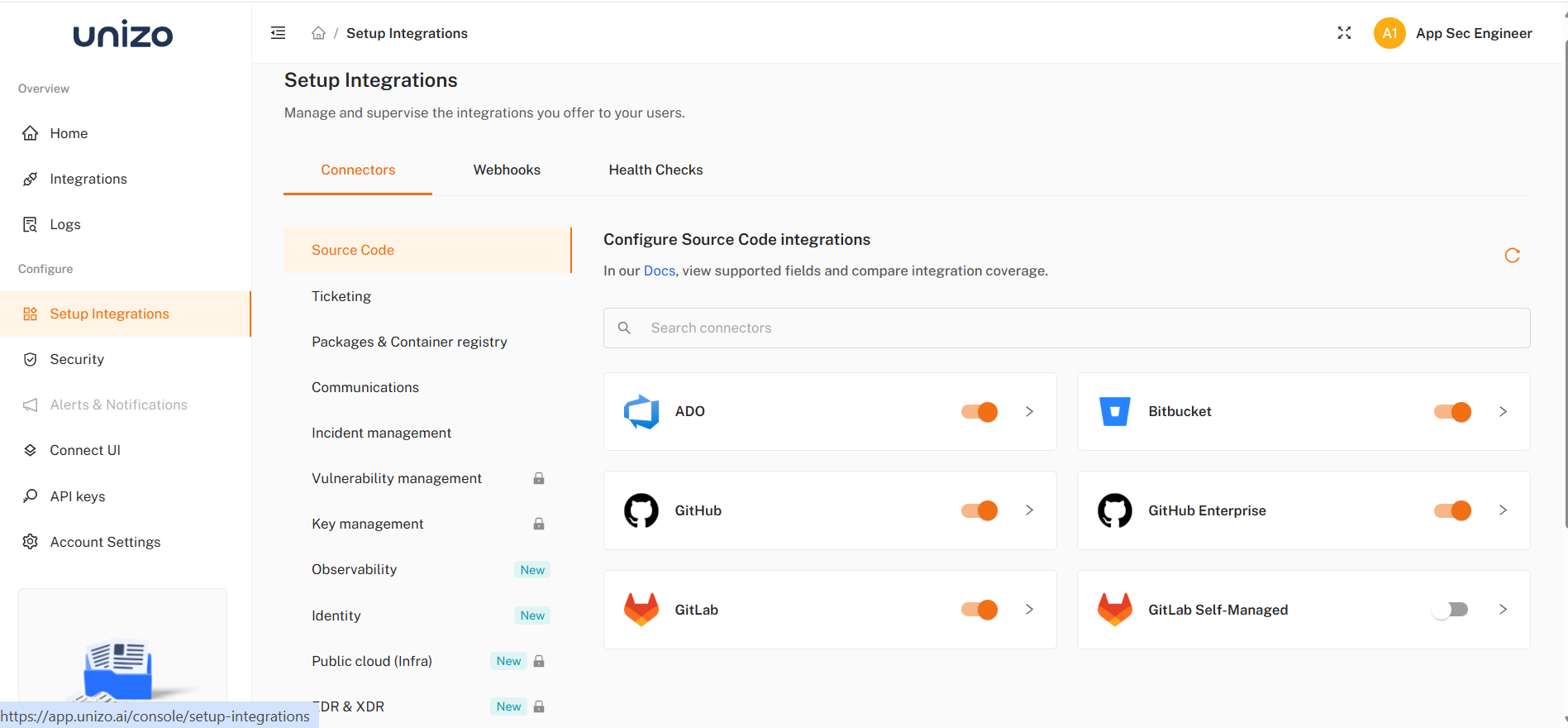 Unizo Setup Integrations page showing connector categories