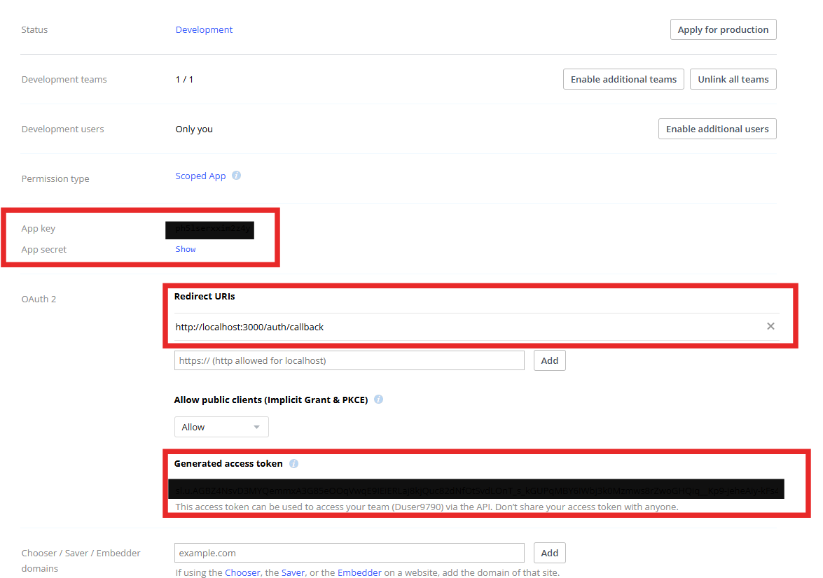 Dropbox App Console OAuth Settings