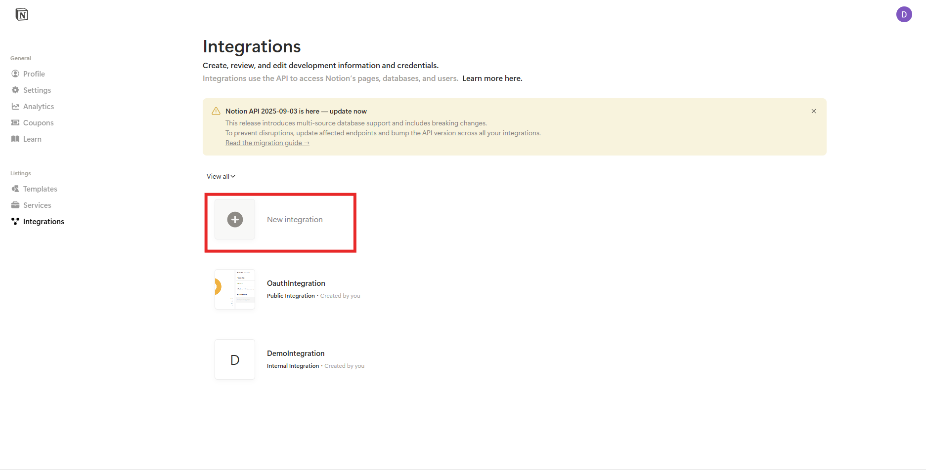 Notion Create New Integration